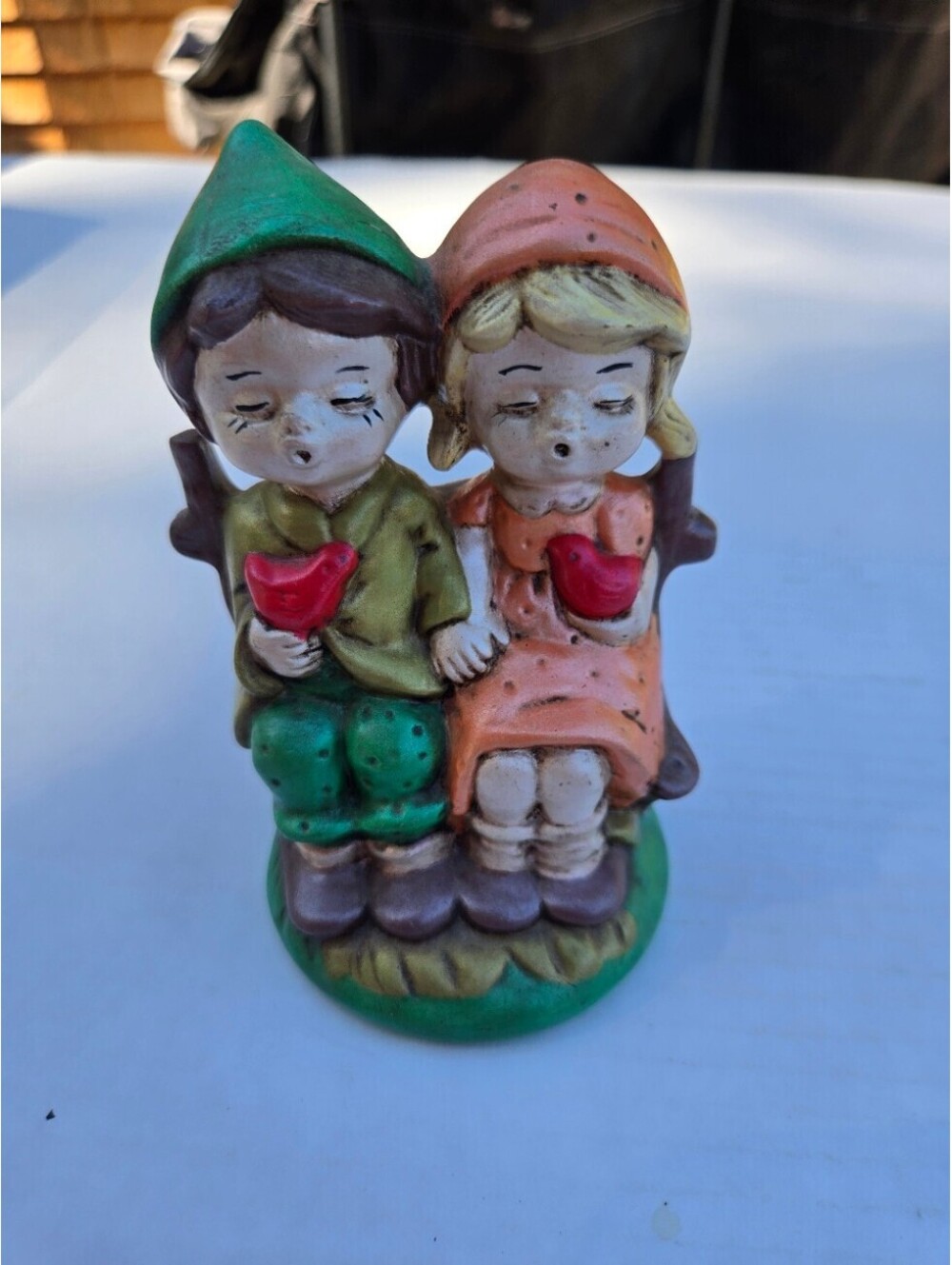 Vintage Boy & Girl on Bench Figurine with Birds Hummel-Style Cottage Decor